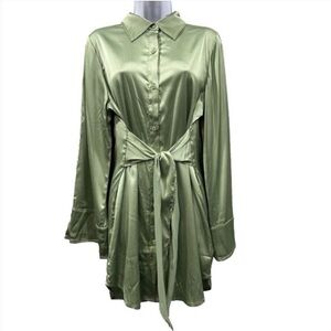 12th Tribe Sage Green Satin Long Sleeve Dress